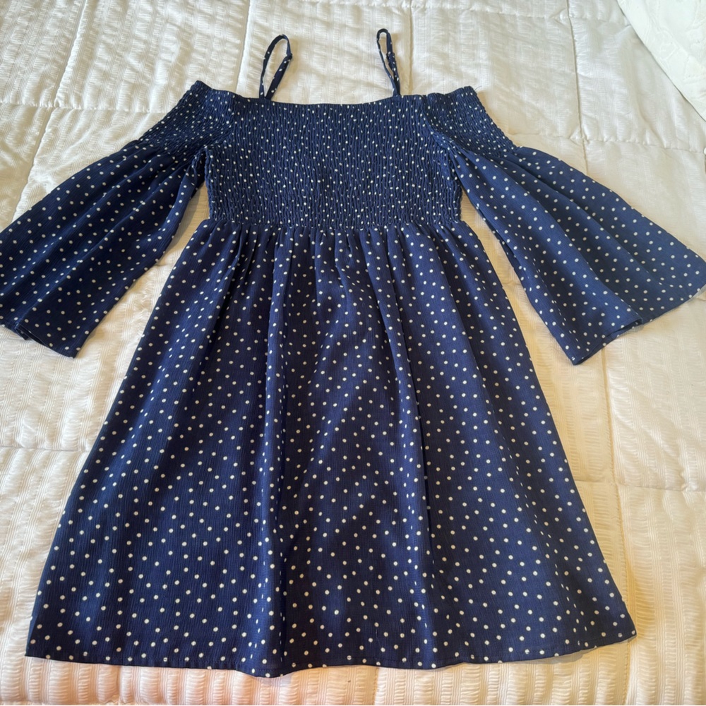 Off the shoulder 3/4 sleeve polka dot navy blue dress
